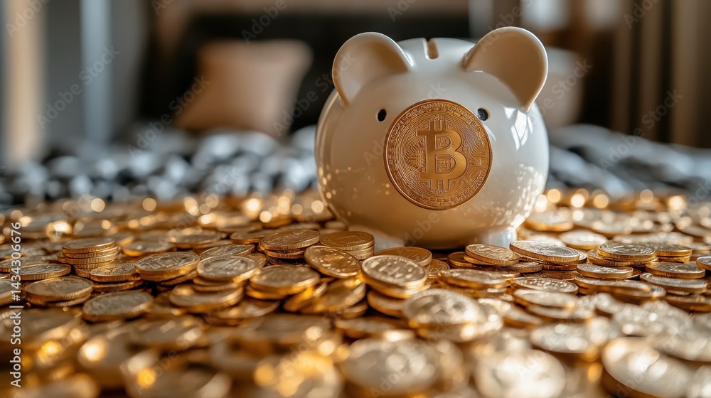 Golden coins falling into a white piggy bank representing savings and financial prosperity