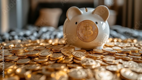Obraz na płótnie Golden coins falling into a white piggy bank representing savings and financial prosperity w salonie
