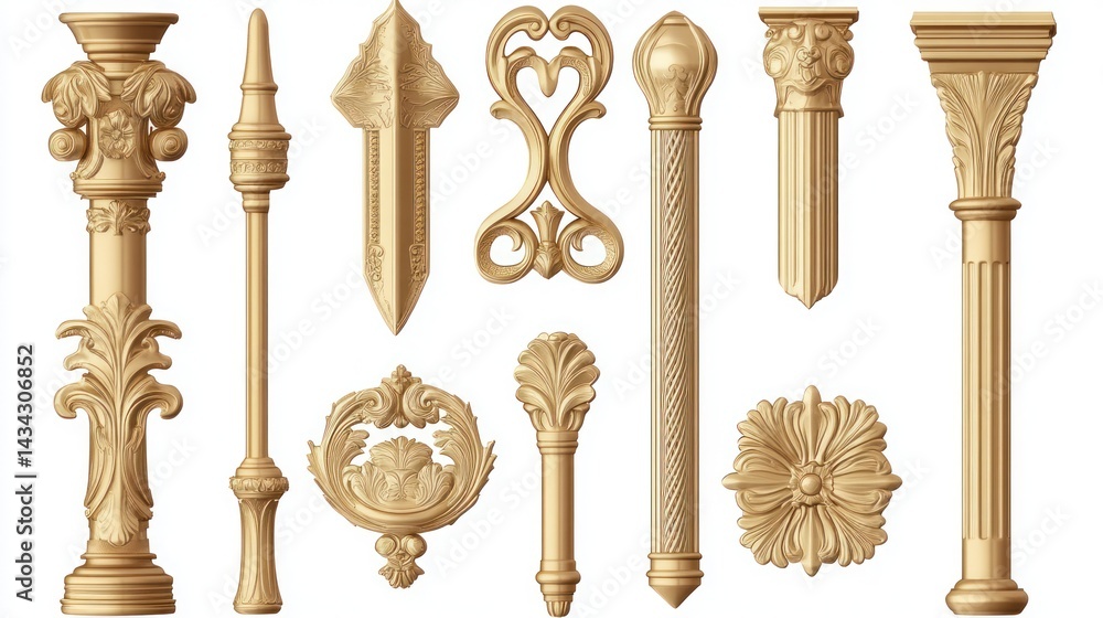 Fototapeta premium Golden ornate architectural elements, design details, isolated, white background, interior design