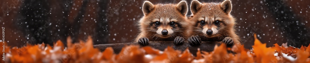 Two curious raccoons peeking over a log while surrounded by autumn leaves in a forest setting