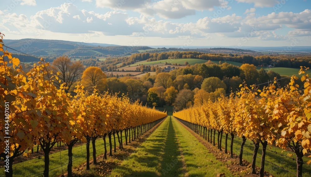 Fototapeta premium Autumn Vineyard Landscape with Rows of Golden Grape Vines and Hills