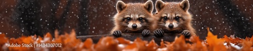 Obraz na płótnie Two curious raccoons peeking over a log while surrounded by autumn leaves in a forest setting w salonie