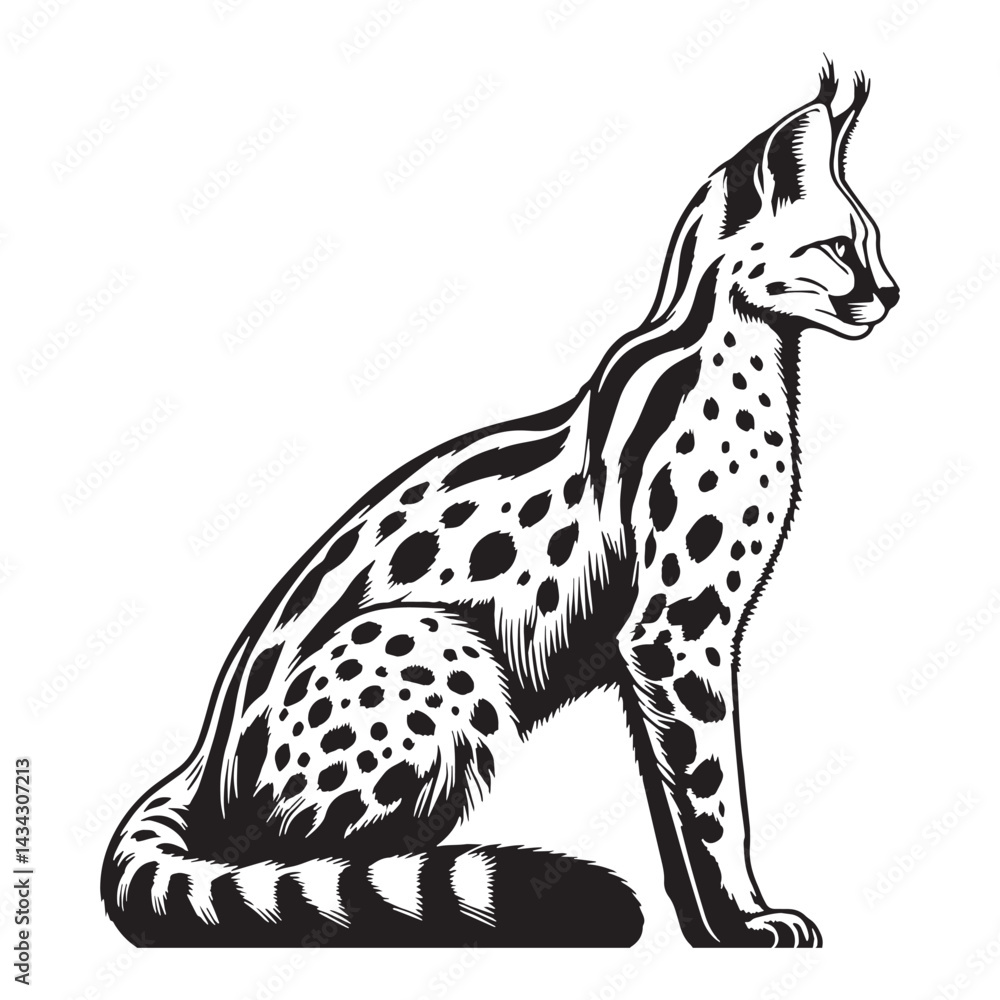 Naklejka premium Monochrome serval silhouette vector suitable for dark-mode and grayscale themes – serval silhouette – serval vector – serval illustration – silhouette of serval