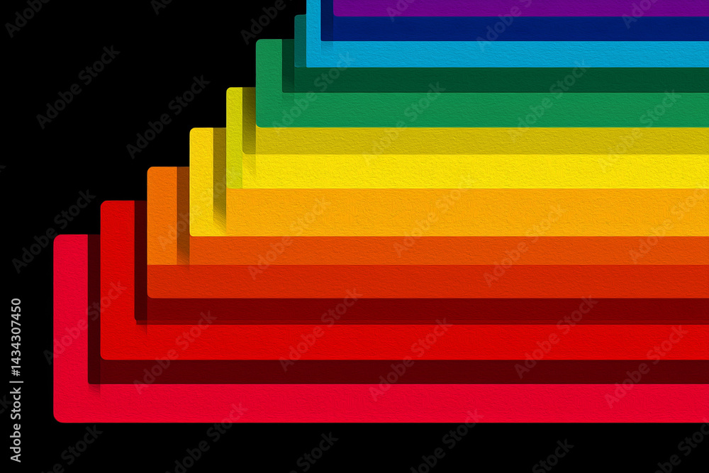 Bright and colorful horizontal bars form a stepped pyramid-like shape in rainbow order on a clean black background. The image conveys simplicity, clarity, and strong modern design aesthetics.
