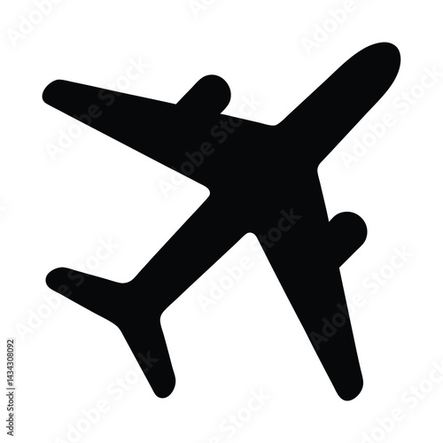 Simple black silhouette of an airplane with extended wings taking flight