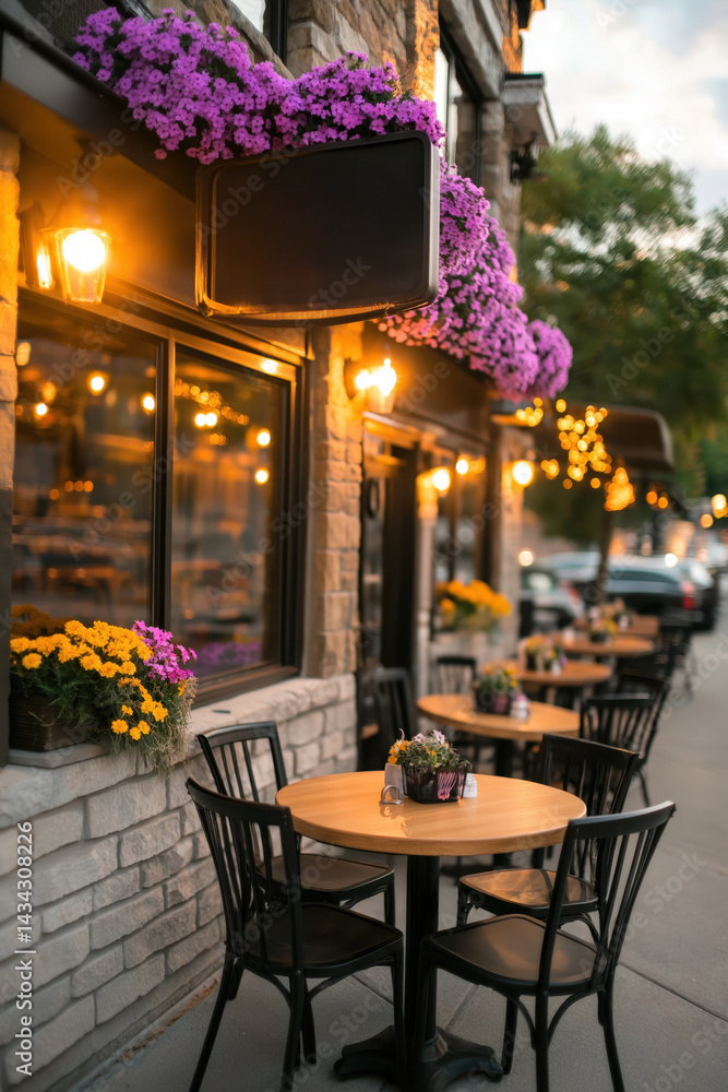 Vibrant outdoor cafe adorned with colorful flowers invites guests to relax and enjoy the ambiance