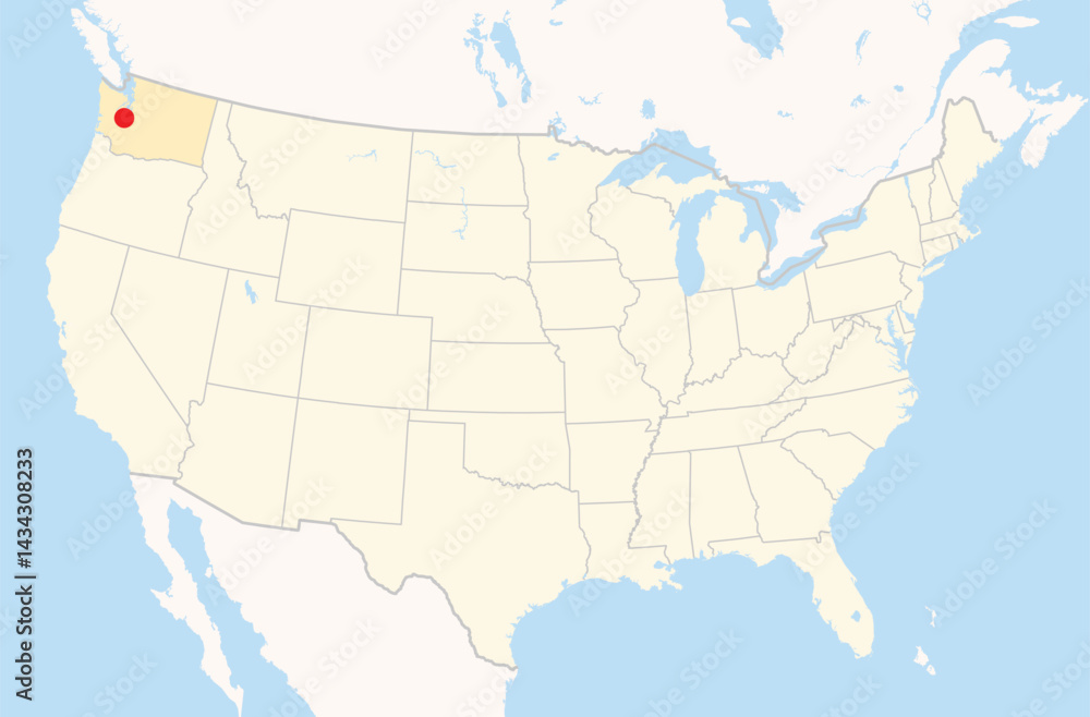 Fototapeta premium Location Map of the city Lakewood in Washington, USA. The state is marked orange and the city is highlighted with a red dot. No labels at all.