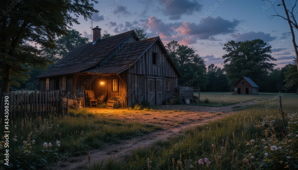 Fototapeta premium Cozy Wooden Cottage Under a Twilight Sky with Warm Glowing Light