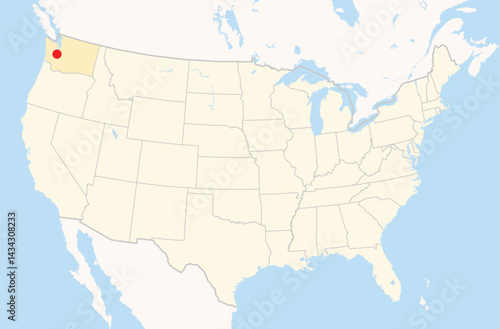 Location Map of the city Lakewood in Washington, USA. The state is marked orange and the city is highlighted with a red dot. No labels at all.