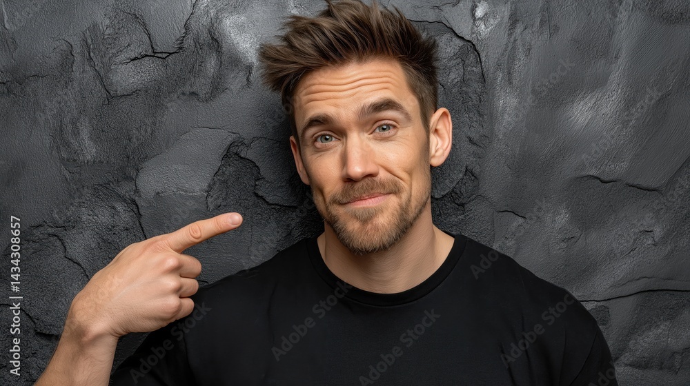 Smiling man promotes black t-shirt against textured wall background in casual setting