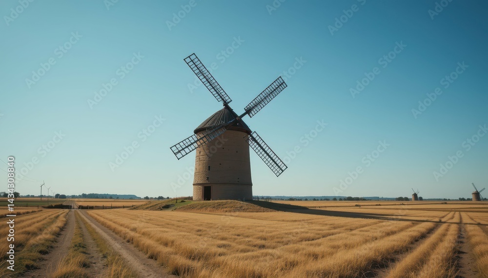 Scenic Windmill in Golden Wheat Field Under Clear Blue Sky Scenic Windmill in Golden Wheat Field Under Clear Blue Sky