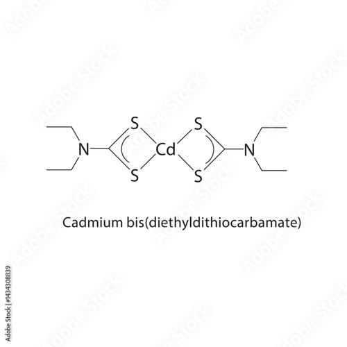 Cadmium bis(diethyldithiocarbamate) skeletal structure. Metal salt compound schematic illustration. Simple diagram, chemical formula.