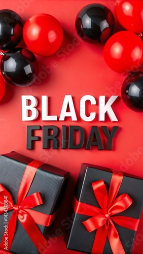 Black Friday banner featuring balloons and gifts. 