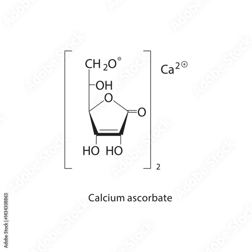 Calcium ascorbate skeletal structure. Calcium salt compound schematic illustration. Simple diagram, chemical formula.
