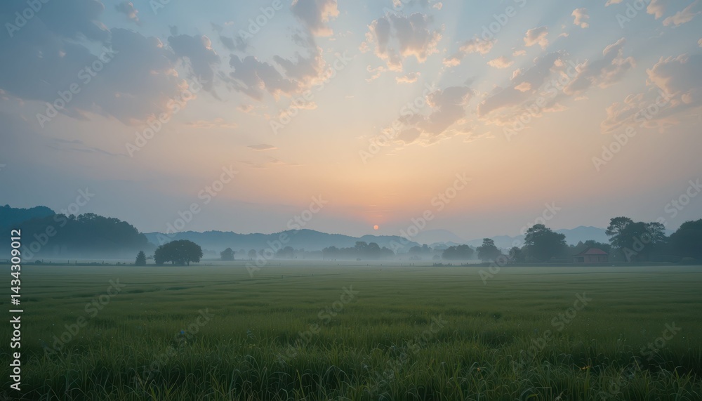 Fototapeta premium Serene Landscape at Sunrise with Mist Over Fields and Mountains