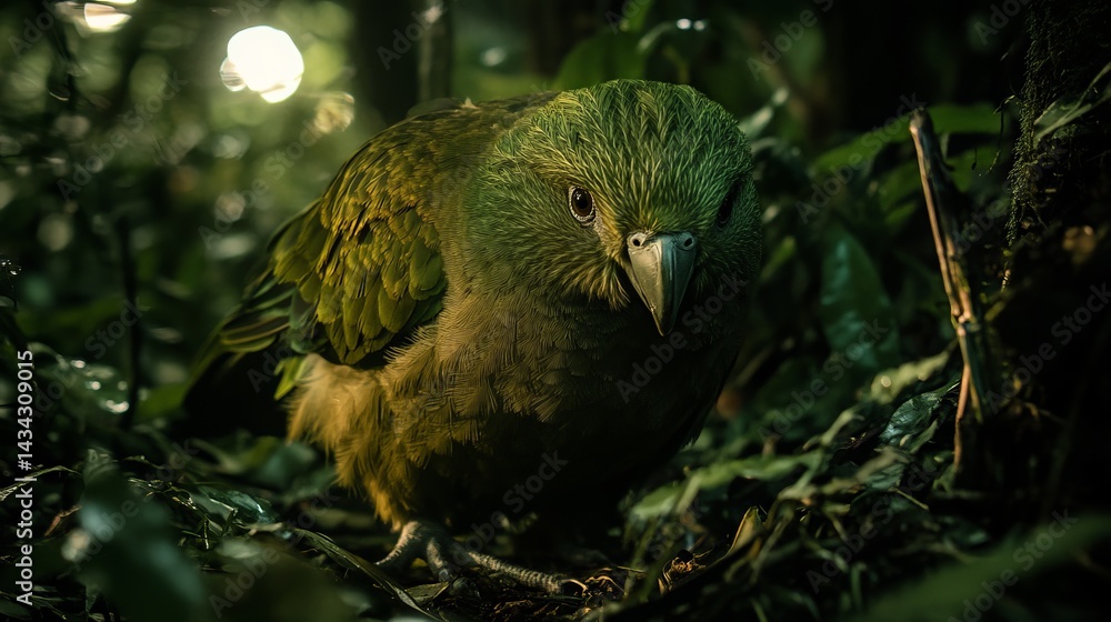 Fototapeta premium A close-up of a green bird in a lush, green forest, showcasing its vibrant plumage and curious expression.