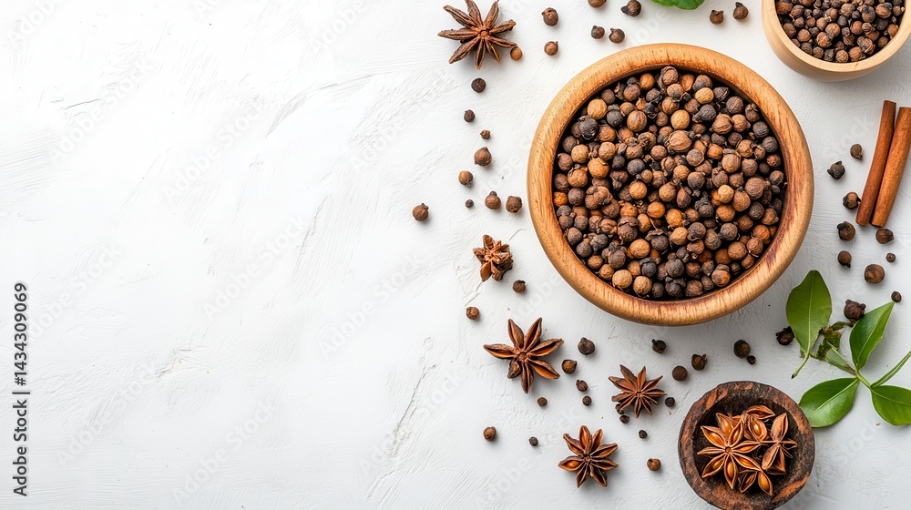 Aromatic spices in wooden bowls on white background. Aromatic spices in wooden bowls on white background.