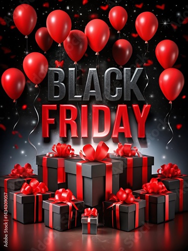 Black Friday banner featuring balloons and gifts. 