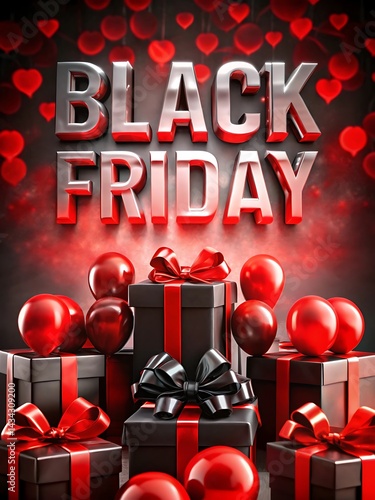 Black Friday banner featuring balloons and gifts. 