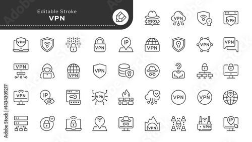 VPN line icon set. Virtual private, network, secure connection, cybersecurity, anonymity, privacy, incognito, firewall, online protection, security. Outline vector icons. Series of pictograms