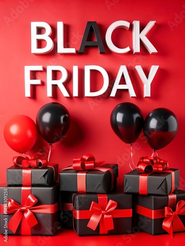 Black Friday banner featuring balloons and gifts. 