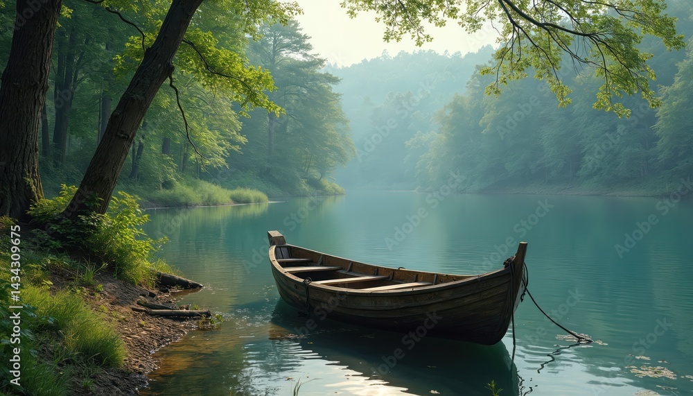 Fototapeta premium Old wooden boat floats on calm lake surrounded by rich green trees. Tranquil water scenery, forest trees reflecting. Serene lakeside. Peaceful vacation. Nature beauty.