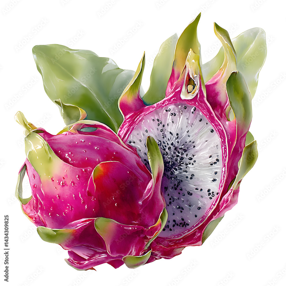 watercolor detailed cut of a single dragon fruit,