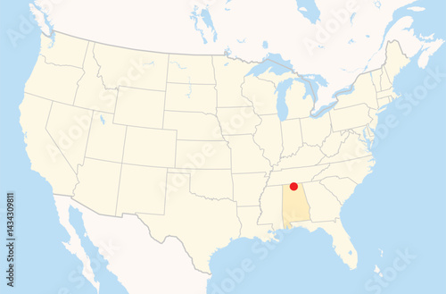 Location Map of the city Huntsville in Alabama, USA. The state is marked orange and the city is highlighted with a red dot. No labels at all.