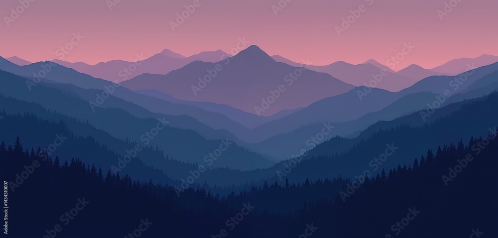 Obraz premium Abstract illustration shows mountain range silhouette in shades of blue, purple. Forest foreground, sunset, sunrise background. Nature landscape, scenic panorama, outdoor travel, tourism,