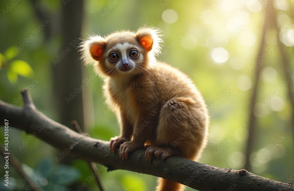 Naklejka premium The Bornean slow loris sits on branch in sunlight. Brown fur, large eyes, small ears, cute look. Rare primate, nocturnal animal in natural environment. Wildlife photography.
