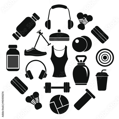 Fitness Icons Circle Black and White Graphic