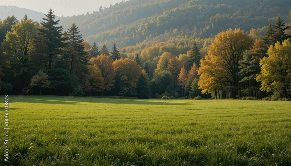Serene Autumn Landscape with Vibrant Trees and Rolling Green Field Serene Autumn Landscape with Vibrant Trees and Rolling Green Field