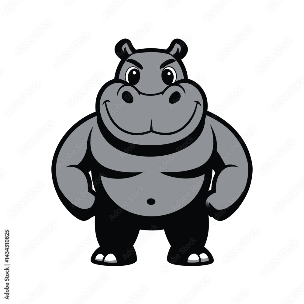 Fototapeta premium Cheerful Hippo Mascot: A playful hippo mascot stands confidently, radiating energy and joy with a friendly smile. Perfect for children's products and playful branding. 