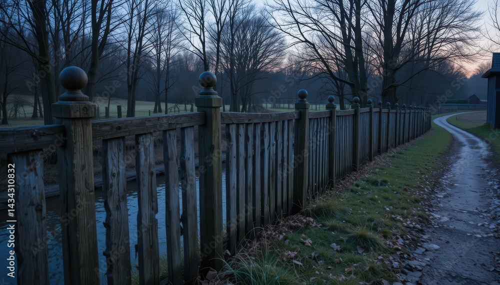 Obraz premium Serene Pathway by Water with Wooden Fence at Dusk
