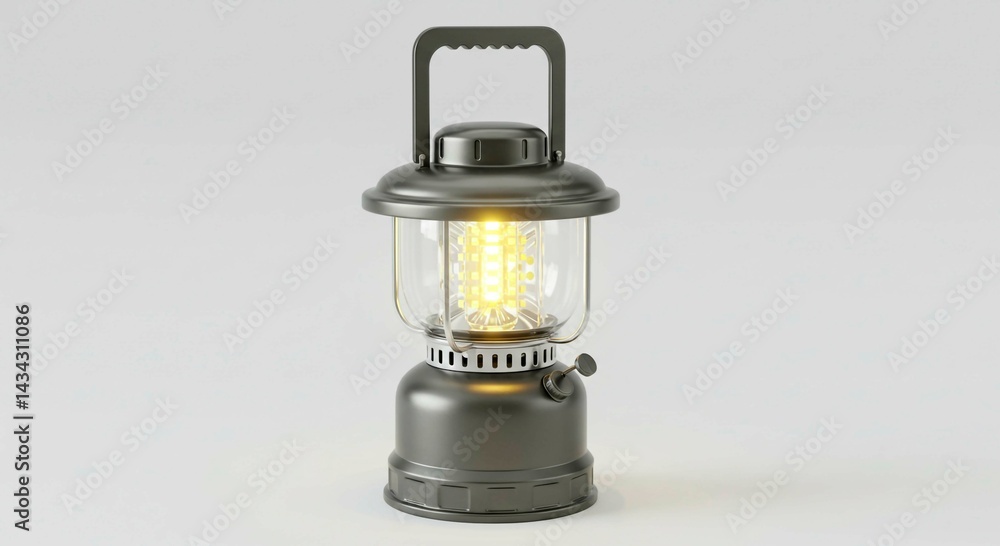 A lit gray lantern with a clear glass cover on a plain white background A lit gray lantern with a clear glass cover on a plain white background