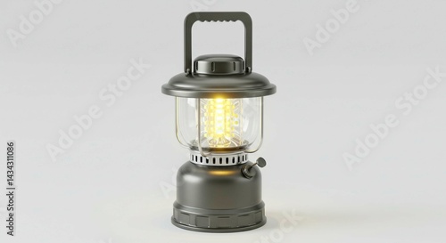 A lit gray lantern with a clear glass cover on a plain white background