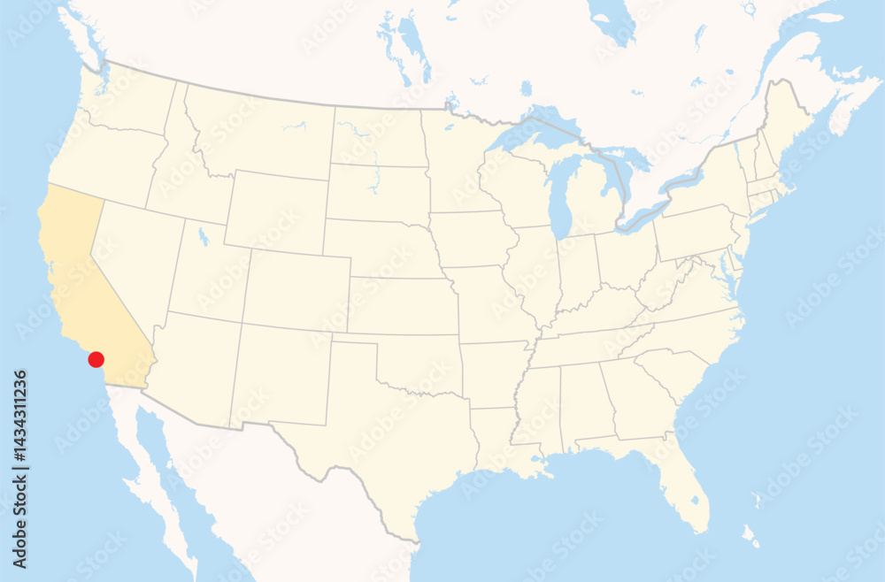 Fototapeta premium Location Map of the city Huntington Beach in California, USA. The state is marked orange and the city is highlighted with a red dot. No labels at all.