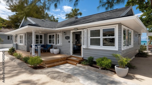 Charming beachfront bungalow exterior at a seaside resort ideal for rental and vacation stays