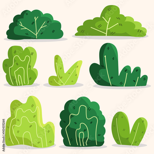 Set of green bush collection in a park in the summer, bright weather, cute style, fresh, doodle art, vector illustration

