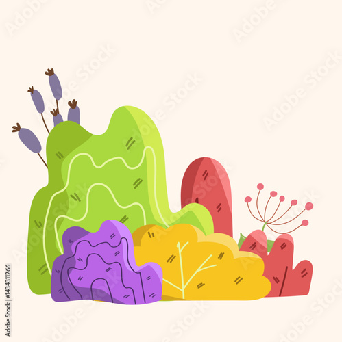 Set of illustrations of bushes with flowers in the garden. Various types of ornamental shrubs green pink yellow red flowers blooming. Elements of beautiful landscapes. Outdoor in spring and summer. Ve