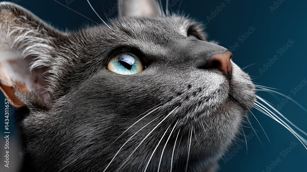 Charming cat gazes upward with curiosity against a solid blue background highlighting its striking features and vibrant eye color