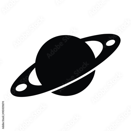 Simple black and white illustration of a ringed planet in space