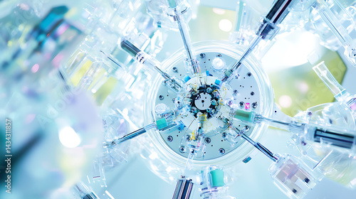 A robotic arm in a futuristic lab, assembling parts for robots used in autonomous high-precision medical device production, Med-tech style