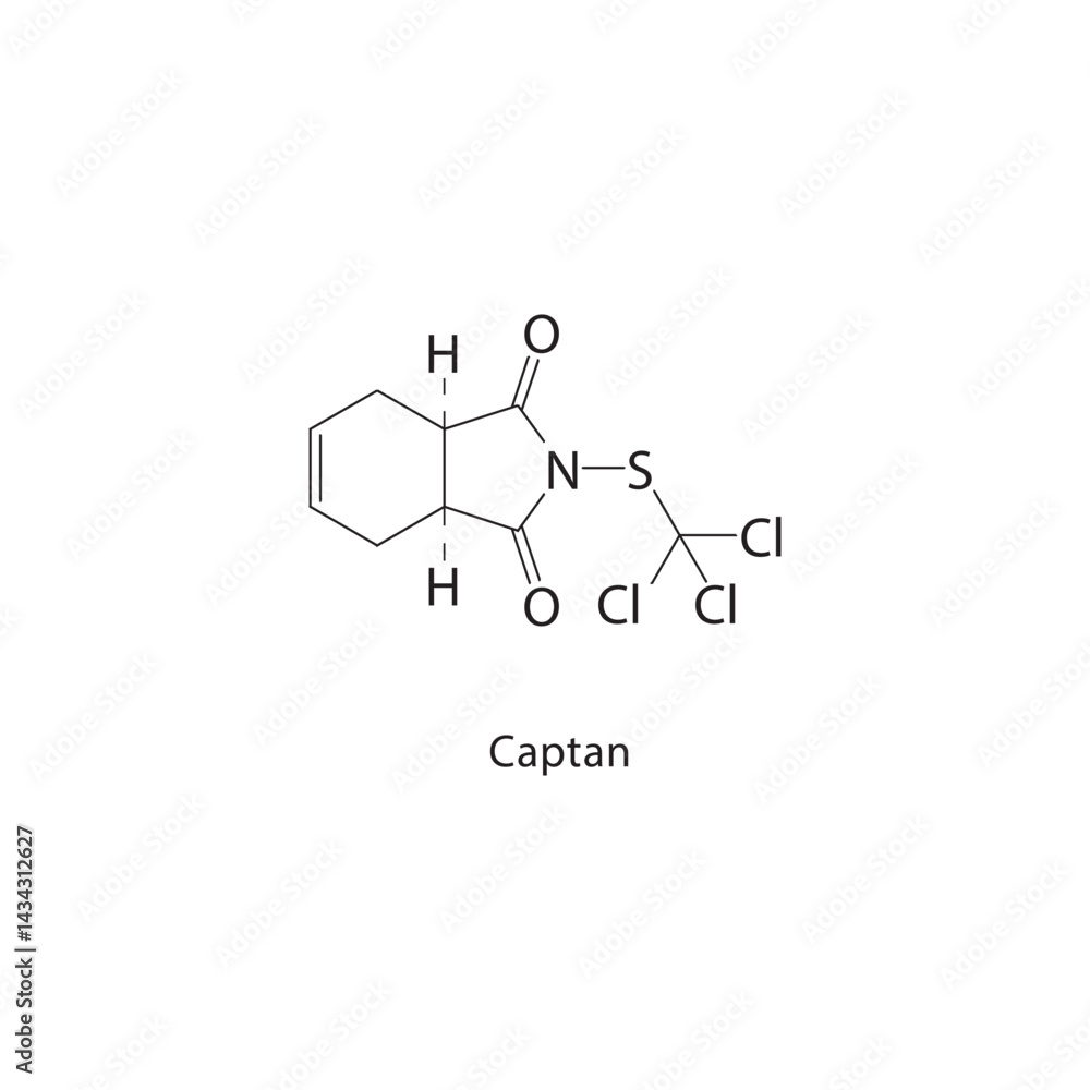 Obraz premium Captan skeletal structure. Fungicide compound schematic illustration. Simple diagram, chemical formula.