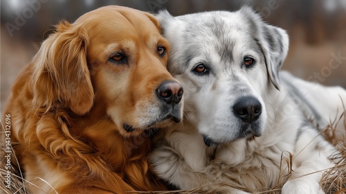 Two dogs embracing in a romantic field setting for Valentine's Day celebration