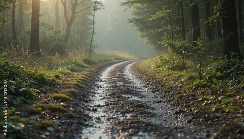 Fototapeta premium Serene Forest Pathway in Soft Morning Light and Dewy Atmosphere
