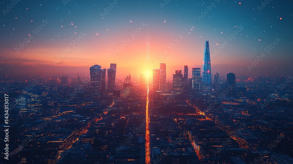 Fototapeta premium London Skyline at Sunset with Illuminated Buildings and Starry S