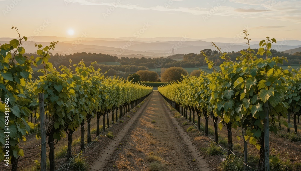 Fototapeta premium Scenic Vineyard Landscape at Sunset with Glowing Horizon and Rows