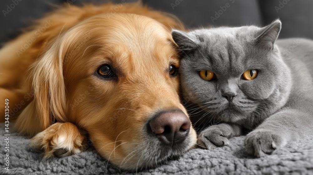 Golden retriever enjoys cozy moment with British Shorthair cat in a relaxed indoor setting