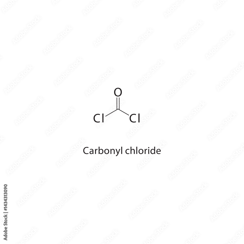 Carbonyl chloride skeletal structure. Acyl halide compound schematic illustration. Simple diagram, chemical formula. Carbonyl chloride skeletal structure. Acyl halide compound schematic illustration. Simple diagram, chemical formula.